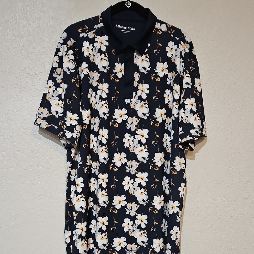 Mizzen+Main | Men's Dark Navy Floral Short Sleeves Activewear Casual Polo Sz L